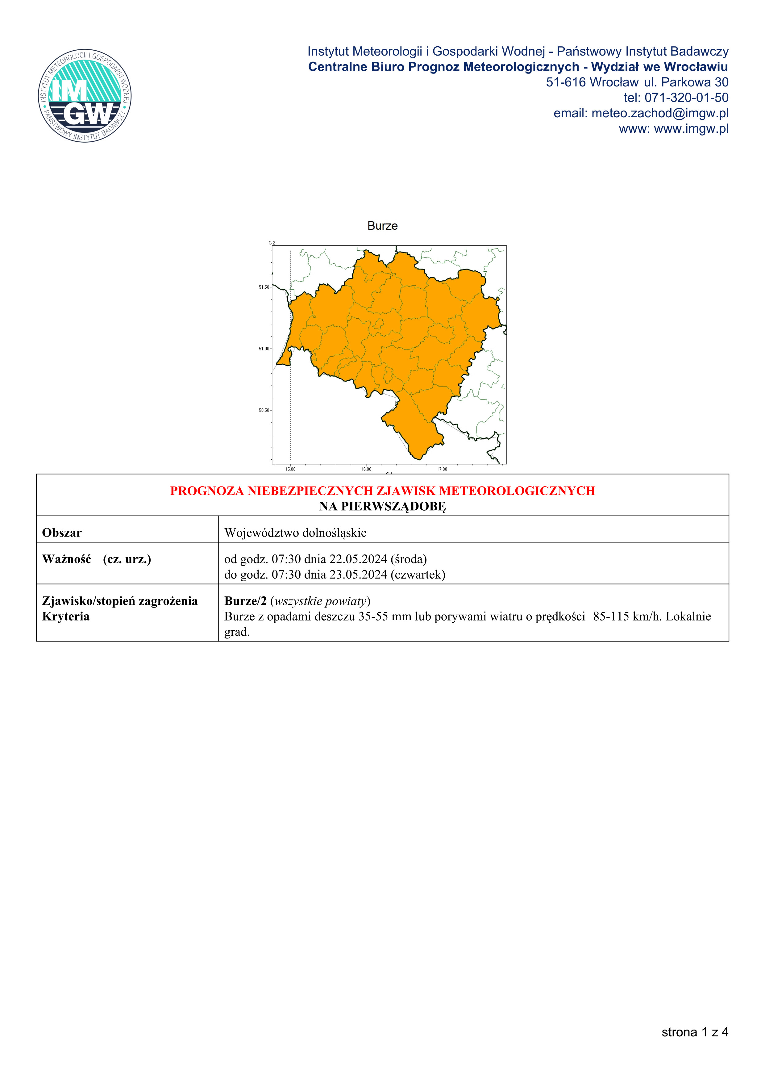 aktualność: Ostrzeżenie meteorologiczne 21.05.2024