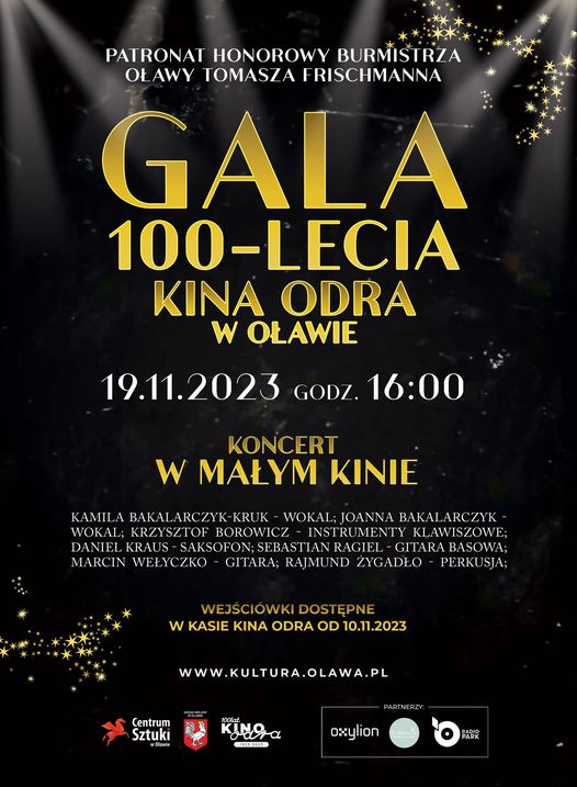 Wydarzenie: Gala 100-lecia Kina Odra w Oławie, Kiedy? 2023-11-19 16:00, Gdzie? 